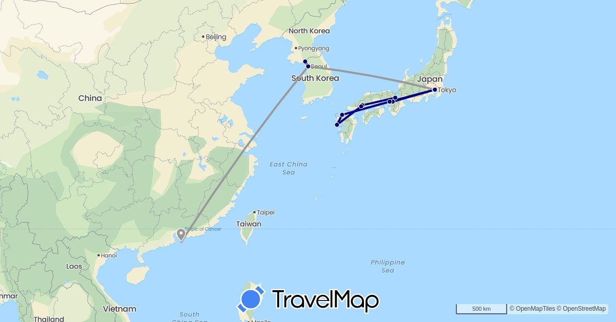 TravelMap itinerary: driving, plane in China, Japan, South Korea (Asia)