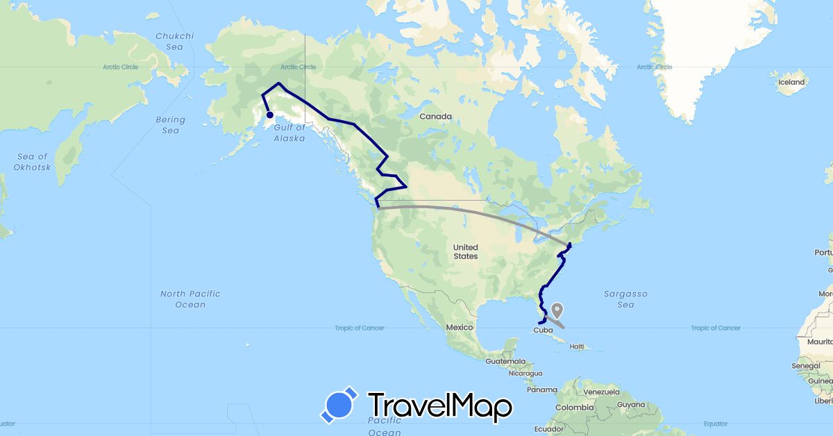 TravelMap itinerary: driving, plane in Bahamas, Canada, United States (North America)