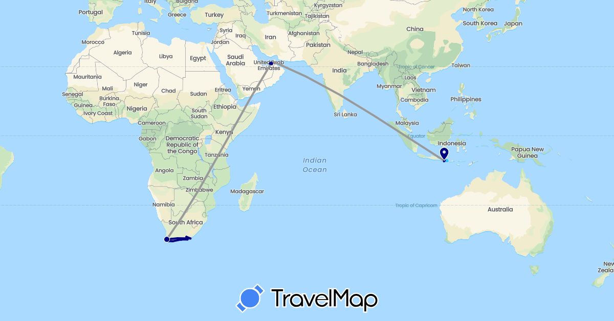 TravelMap itinerary: driving, plane, boat in United Arab Emirates, Indonesia, South Africa (Africa, Asia)